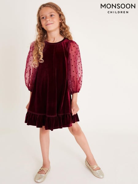 Monsoon Red Noa Spotty Organza Sleeves Velvet Dress (AV8937) | € 78 - € 94