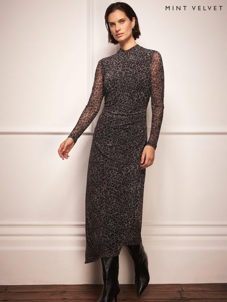 Mint Velvet Grey Animal Print Mesh Midi Dress (AW0221) | € 74