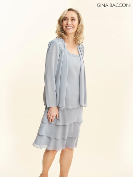 Gina Bacconi Grey Camira Lace Shoulder Bead Tier Jacket Dress (AW0271) | € 265