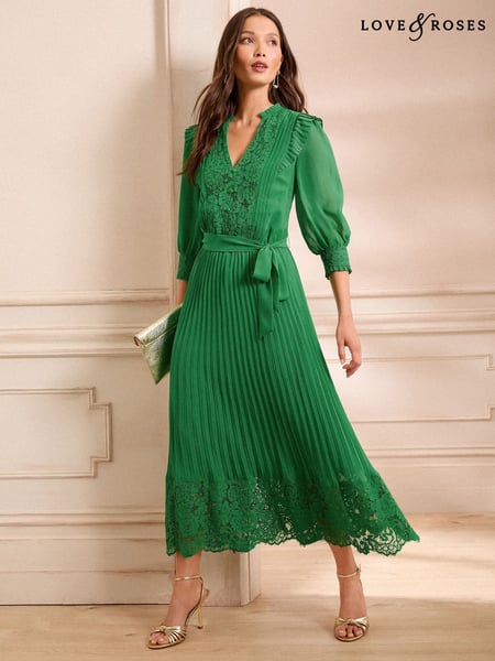 Love & Roses Green Lace Detail Pleated 3/4 Sleeve Midi Dress (AW0395) | € 123