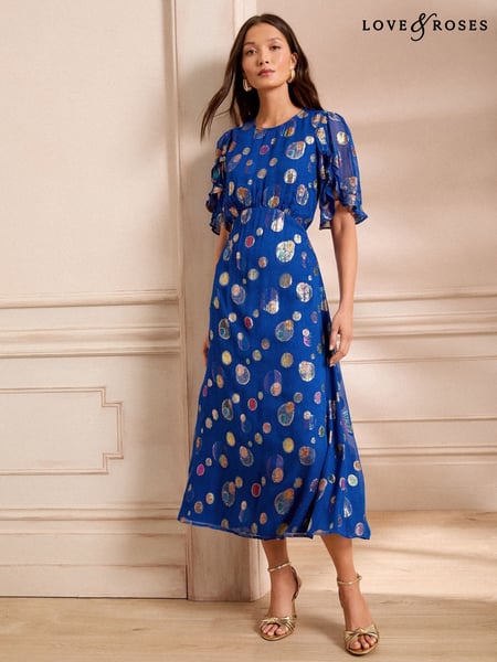 Love & Roses Cobalt Blue Spot Petite Metallic Crew Neck Short Sleeve Midi Dress (AW0398) | € 123