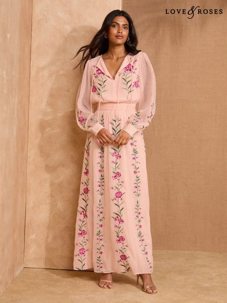 V&A I Love & Roses Pink Floral Embroidered Tie Detail Long Sleeve Maxi Dress (AW0405) | € 257