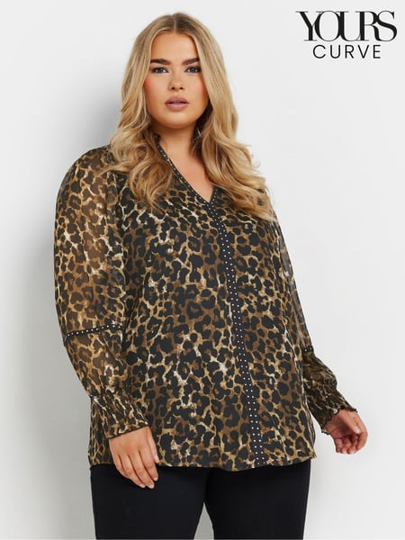 Yours Curve Brown Studded Tape Leopard Print Chiffon Blouse (AW1197) | € 48