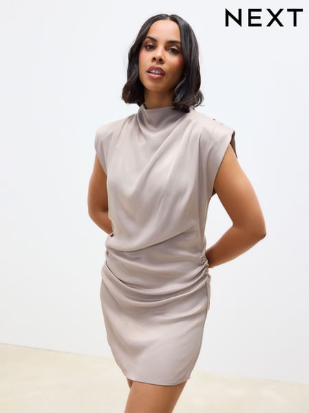 Taupe Brown High Neck Shoulder Pad Rouched Mini Dress (AW1400) | € 90