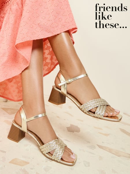 Friends Like These Gold Standard Fit Plait Weave Cross Strap Low Block Heel Faux Leather Sandals (AW2783) | € 59
