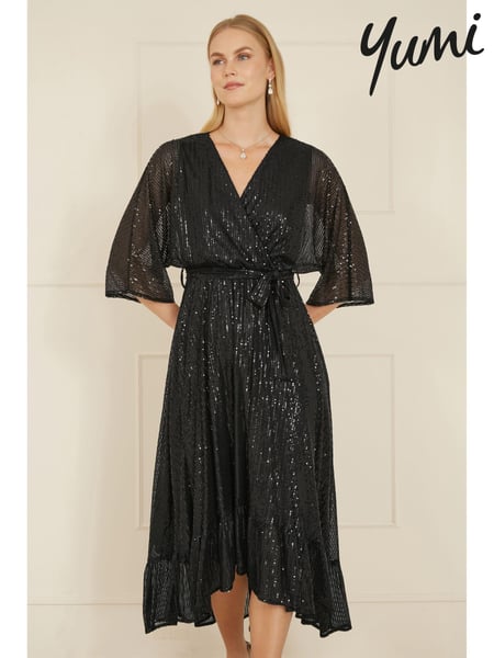 Yumi Black Sequin Kimono Midi Wrap Dress (AW3307) | € 109