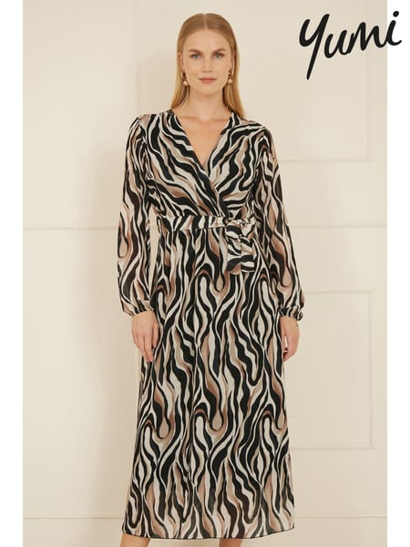 Yumi Black Animal Print Swirl Midi Wrap Dress (AW3309) | € 94