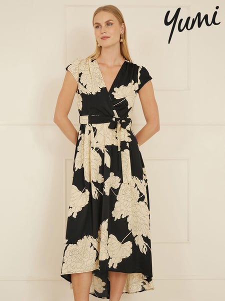 Yumi Black Blossom Print Wrap Midi Dress With Dipped Hem (AW3313) | € 78