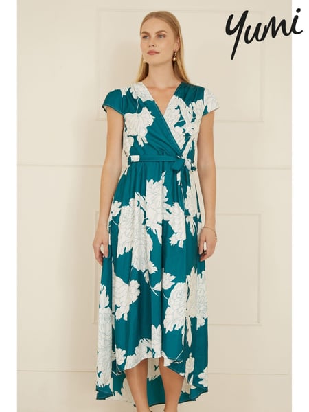 Yumi Green Blossom Print Wrap Midi Dress With Dipped Hem (AW3323) | € 78