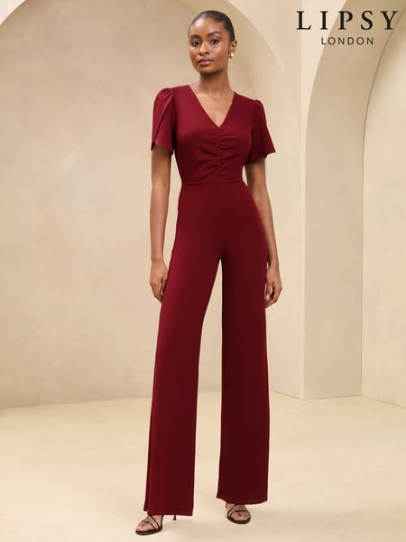 Burgundy Red Short Sleeve Ruched Front V-Neck Jumpsuit (AW3605) | € 43