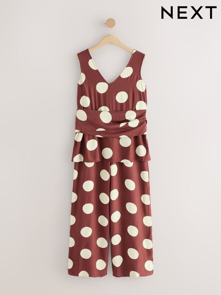 Chocolate Brown Polkadot Tie Waist V-Neck Jumpsuit (AW4005) | € 70