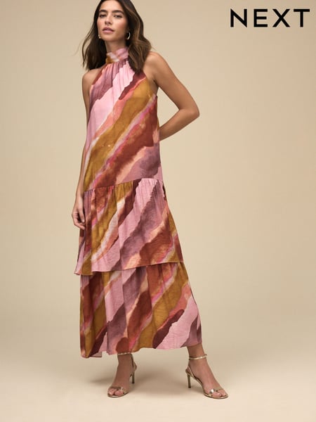 Pastel Pink And Orange Blurred Stripe Halter Tie Neck Layered Maxi Dress (AW4022) | € 167
