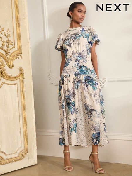 Blue/ White Floral and Blue Spot Short Sleeve Crew Neck Spliced Midi Dress (AW4023) | € 102