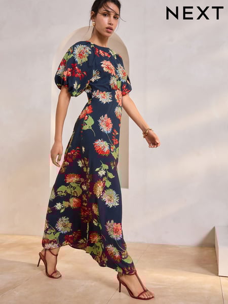 Navy Blue Floral Print Puff Sleeve Midi Dress (AW4028) | € 52