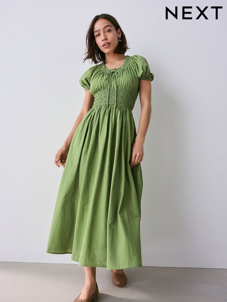 Olive Green Puff Sleeve Seersucker Midi Summer Dress (AW4046) | € 71