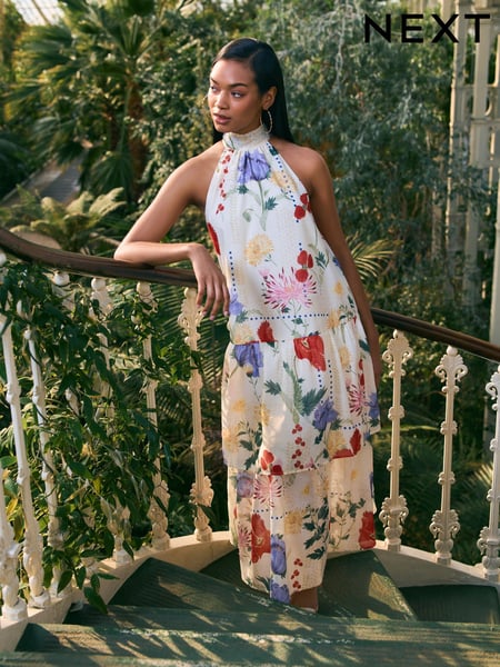 Kew Collection Floral Print Halter Tie Neck Layered Maxi Dress (AW4048) | € 144