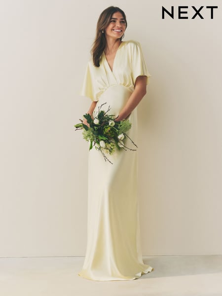 Pastel Yellow Bridesmaid Satin Flutter Sleeve Maxi Dress (AW4058) | € 116