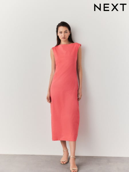 Coral Pink Boat Neck Maxi Linen Blend Dress (AW4060) | € 87