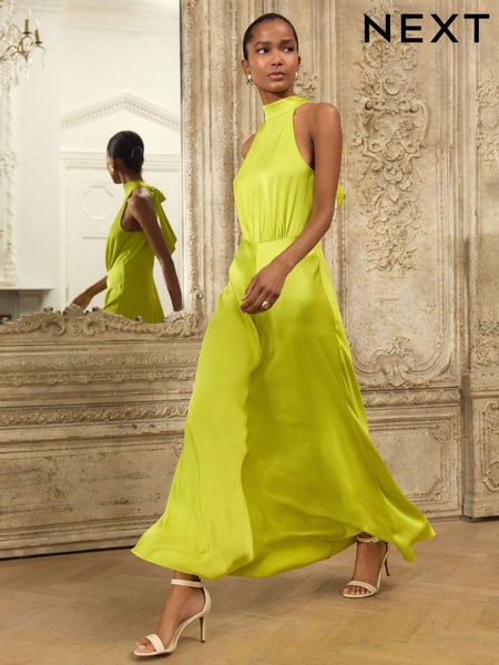 Lime Green Textured Satin Halter Sleeveless Midi Dress (AW4064) | € 80