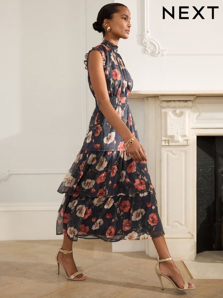Navy Blue Floral Printed High Neck Tiered Occasion Maxi Dress (AW4065) | € 55