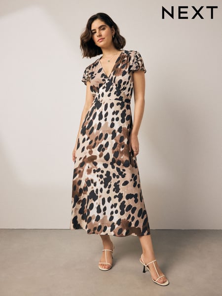 Brown Cow Animal Print Flutter Sleeve V-Neck Tie Waist Maxi Dress (AW4068) | € 80