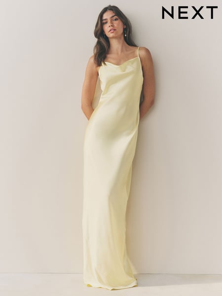 Pastel Yellow Bridesmaid Satin Cowl Neck V-Back Maxi Dress (AW4069) | € 95