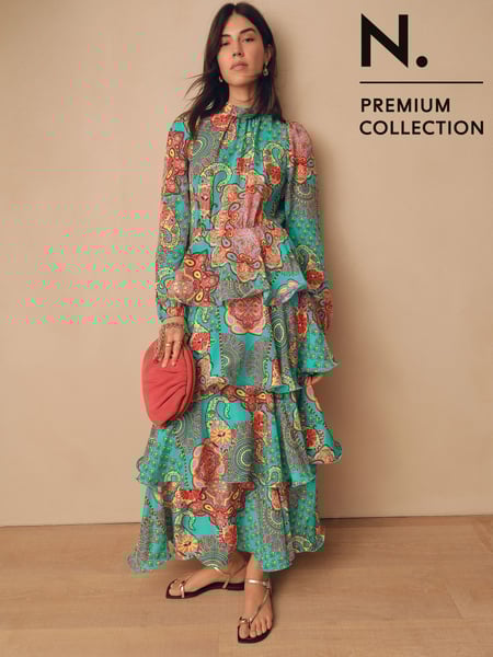 Bright Green Paisley Print N. Premium Long Sleeve Tiered Boho Occasion Maxi Dress (AW4087) | € 143
