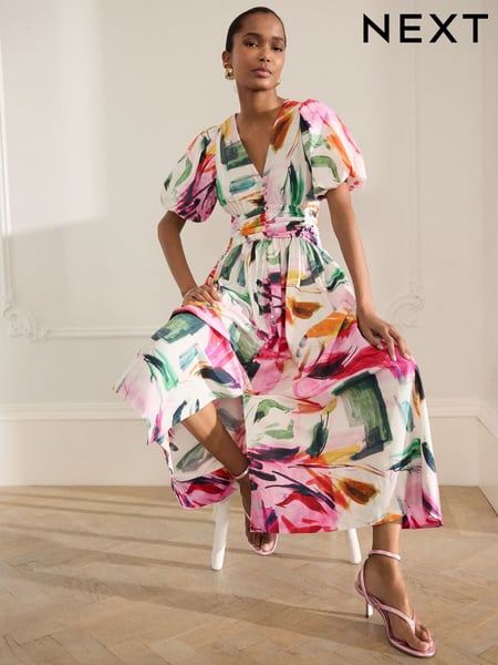 Pink Abstract Print Puff Sleeve Button Down Occasion Maxi 100% Cotton Dress (AW4091) | € 111