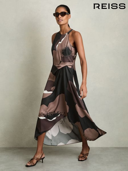 Reiss Brown Michalie Satin Floral Tuck Midi Dress (AW4140) | € 265