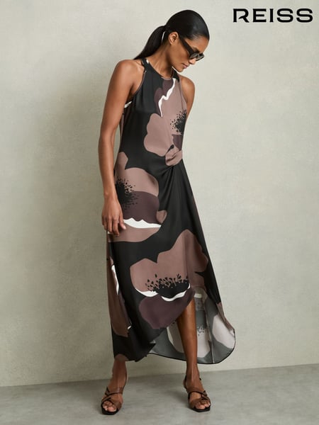 Reiss Brown Michalie Petite Satin Floral Tuck Midi Dress (AW4163) | € 265