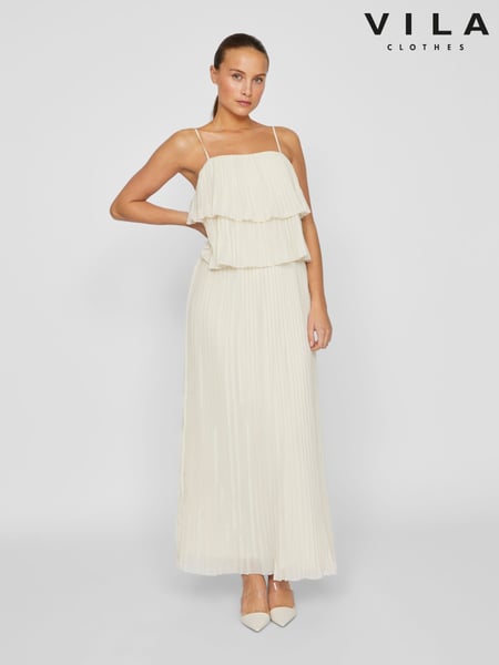 VILA Cream Chiffon Ruffle Pleated Maxi Occasion Dress (AW4414) | € 100