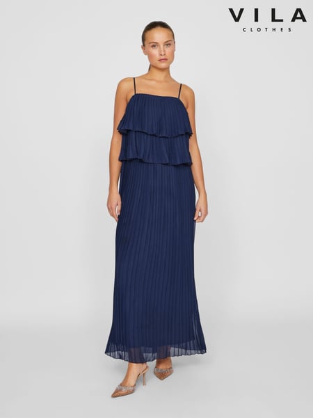 VILA Blue Chiffon Ruffle Pleated Maxi Occasion Dress (AW4415) | € 100