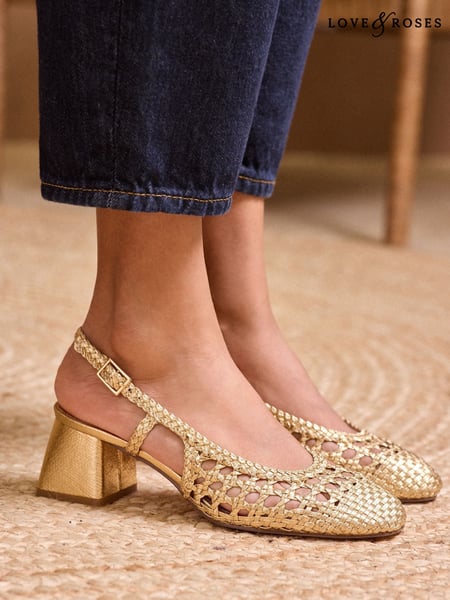 Love & Roses Gold Woven Slingback Faux Leather Low Block Heels Court Shoes (AW5066) | € 81