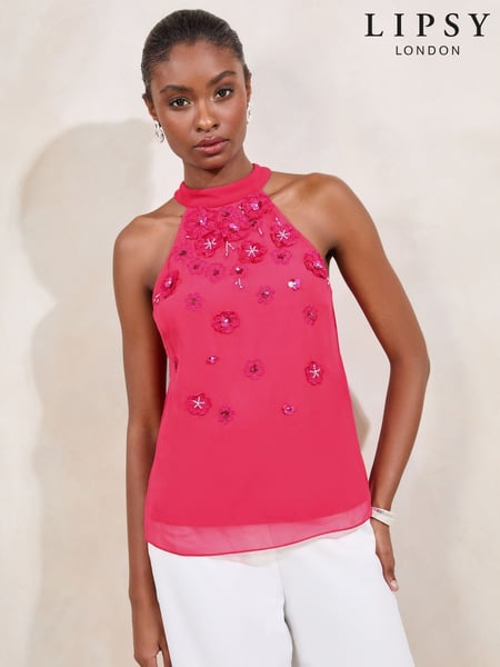 Lipsy Pink 3D Embellished Lower Halter Neck Top (AW5591) | € 75