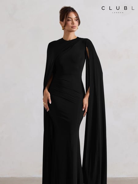 Club L London Black Magdelena Asymmetric Cape Maxi Dress (AW6068) | € 133