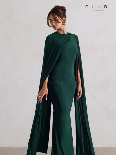 Club L London Green Magdelena Asymmetric Cape Maxi Dress (AW6072) | € 79