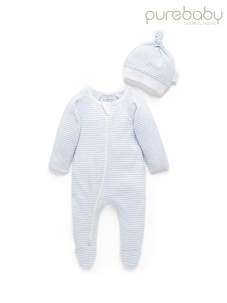 Blue Purebaby Zip 100% Cotton Sleepsuits & Hats 2 Pack (AW6119) | € 31