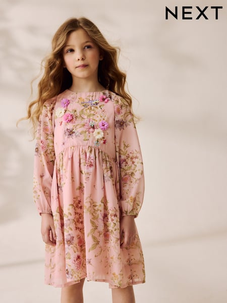 Pink Floral Long Sleeve Embellished Dress (3-10yrs) (AW6523) | € 40 - € 48