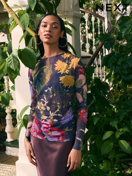 Kew Collection Navy/Purple Floral Print Long Sleeve Ruched Side Mesh Top (AW6707) | € 41