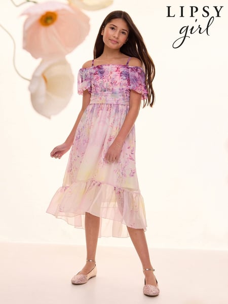 Lipsy Pink Floral Ombre Cold Shoulder Chiffon Midi Dress (7-16yrs) (AW7119) | € 67 - € 80