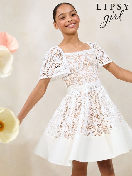 Lipsy White Lace Square Neck Occasion Dress (5-16yrs) (AW7126) | € 94 - € 106