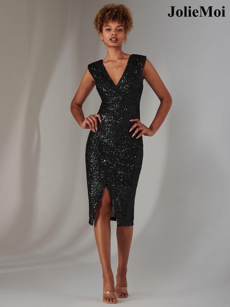 Jolie Moi Black Deja Sequin Midi Dress With Slit (AW7210) | € 112