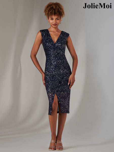 Jolie Moi Light Blue Deja Sequin Midi Dress With Slit (AW7211) | € 112