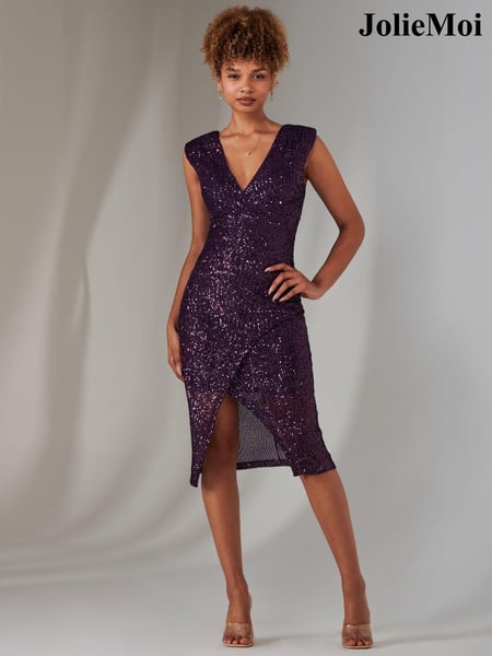 Jolie Moi Purple Deja Sequin Midi Dress With Slit (AW7215) | € 112