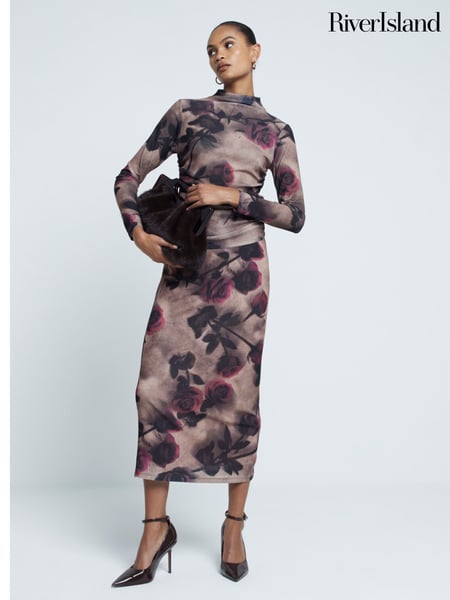 River Island Brown Floral Ruched Mesh Top (AW7543) | € 44