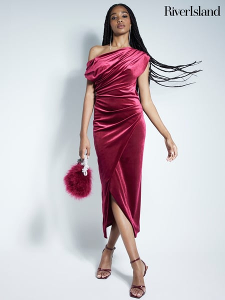 River Island Red Velvet Drape Midi Dress (AW7544) | € 75