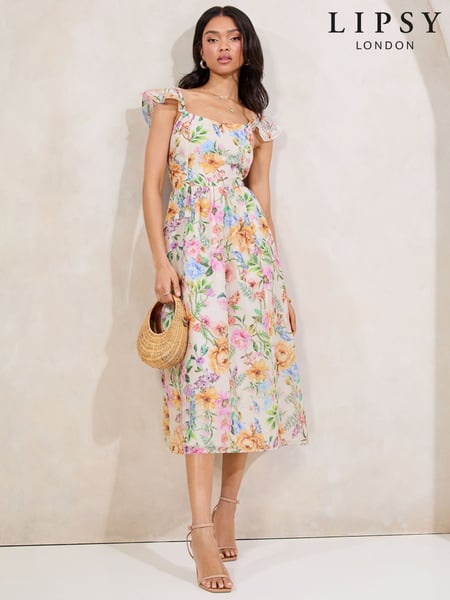 Lipsy White Floral Petite Angel Sleeve Off the Body Square Neck Midi Dress (AW7752) | € 94
