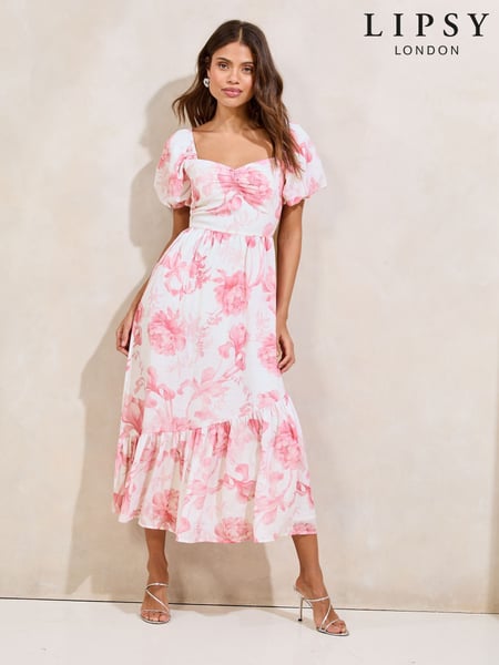 Lipsy Pink Floral Linen Look Puff Sleeve Midi Dress (AW7782) | € 86