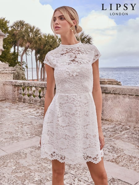 Lipsy White Petite Lace Short Sleeve Lantern Mini Dress (AW7784) | € 101