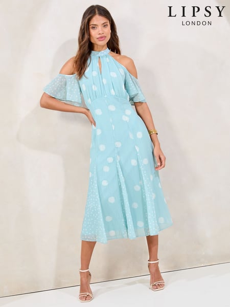 Lipsy Mint Green Polka Dot Petite Cold Shoulder Halter Neck Midi Dress (AW7795) | € 112